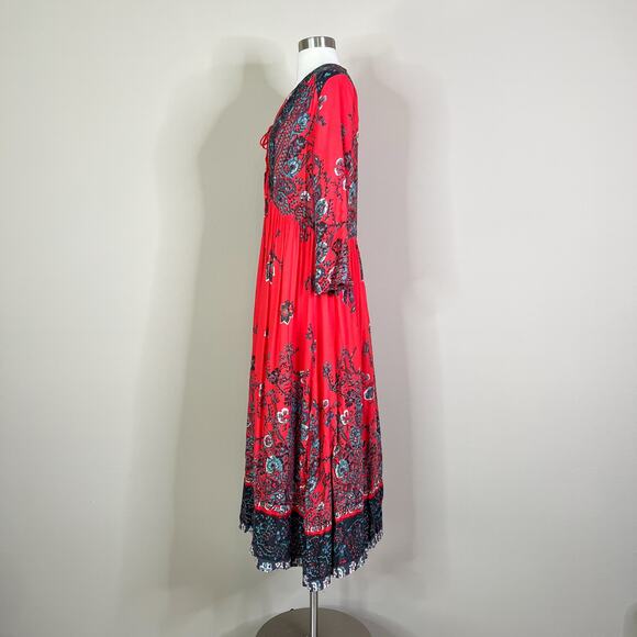 Free People | If Only You Knew Red Floral Slit Flowy Boho Maxi Dress EUC XS - Picture 10 of 12